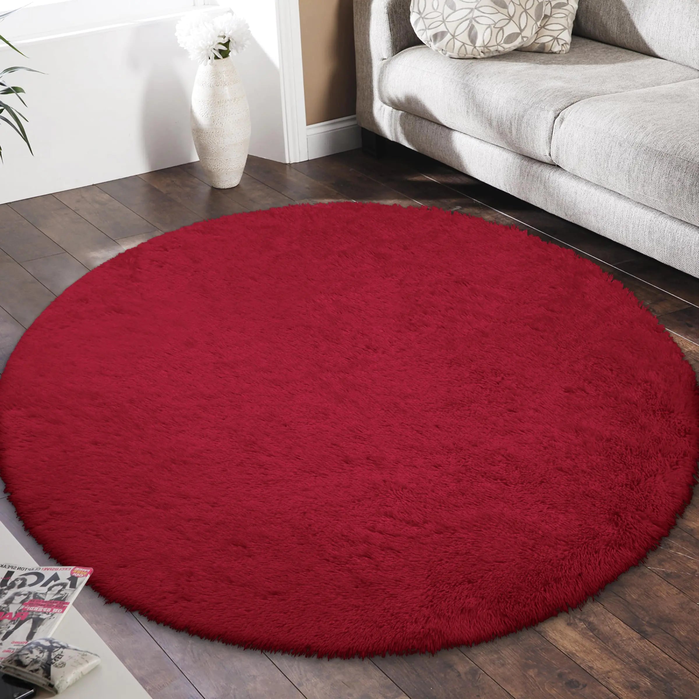 Alfombras Redondas de 5x5 Pies Anti-deslizantes para Sala de Estar,  Roja