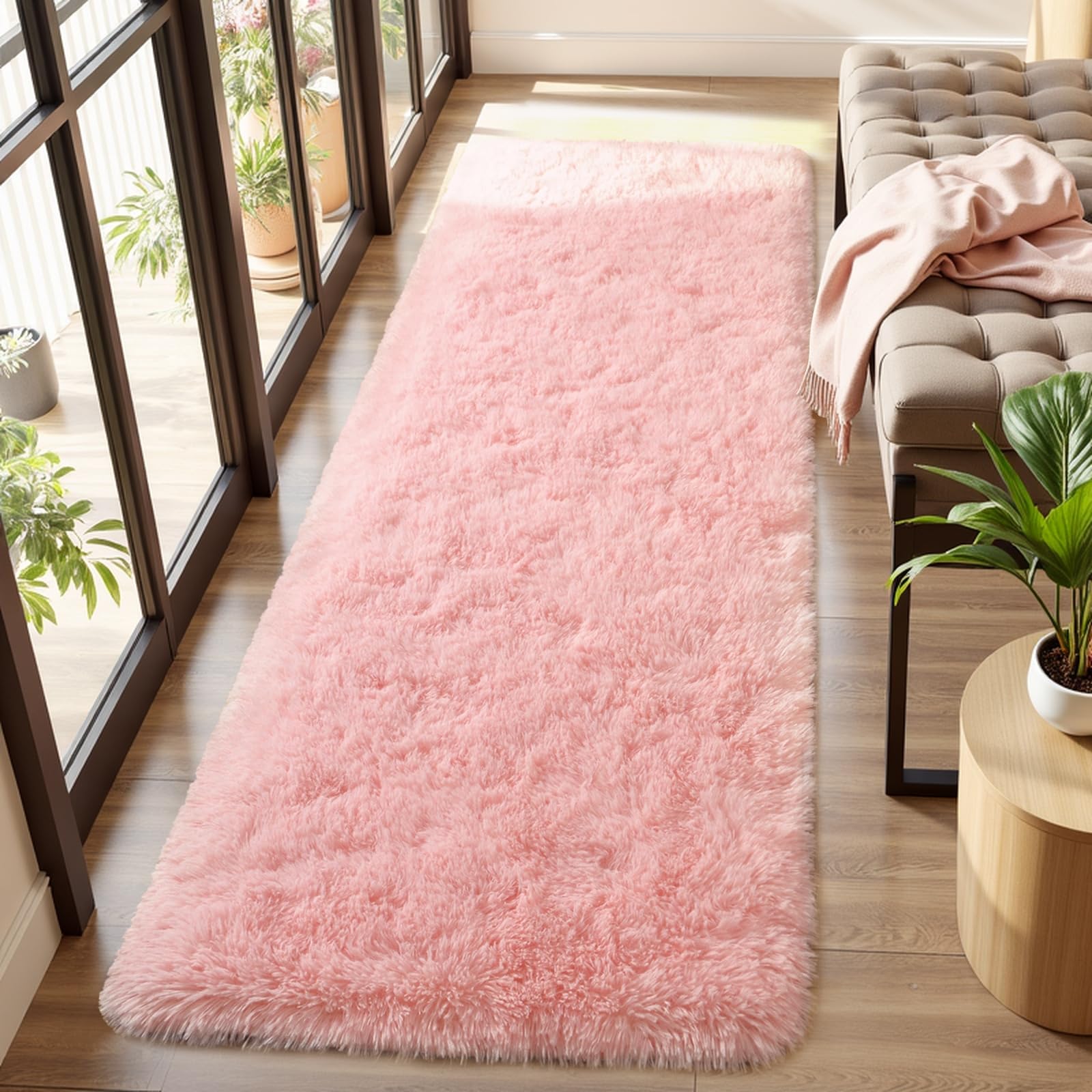 Alfombra Rosa  Esponjosa Ultra Suave para Dormitorio 2x6 Pies